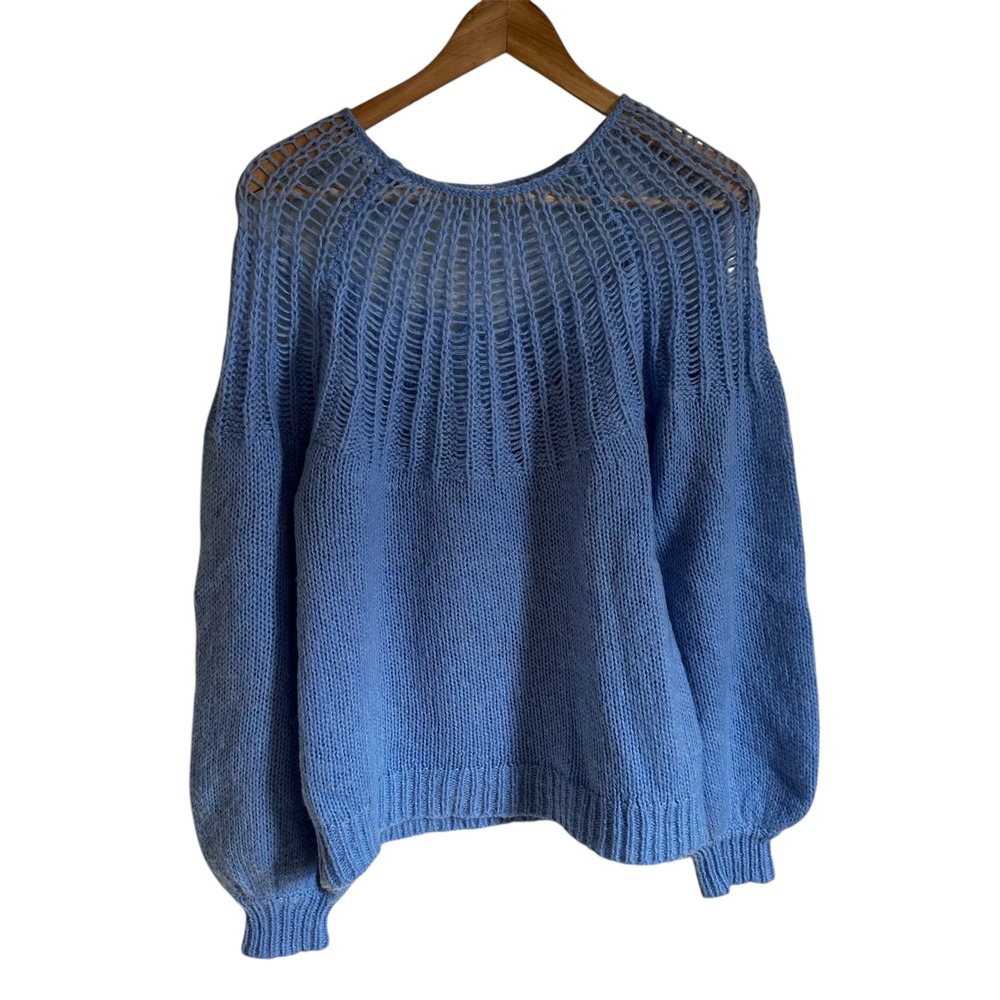 Carin Wester Knit Sweater Pullover Balloon Sleeve Open Knit Neck‎ Blue M